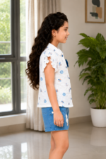 Girls Printed Cotton Top & Blue Shorts Co-Ord Set - Image 3