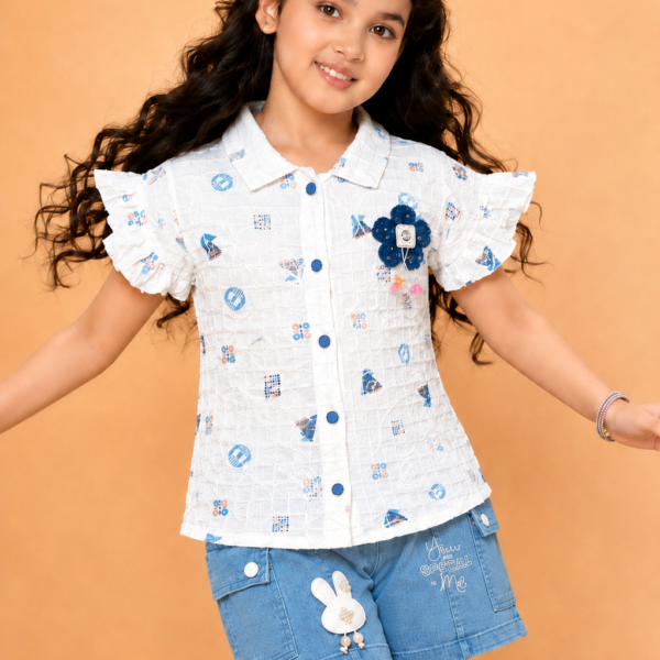 Girls Printed Cotton Top & Blue Shorts Co-Ord Set