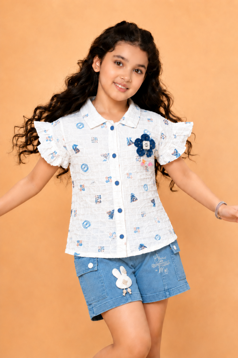 Girls Printed Cotton Top & Blue Shorts Co-Ord Set