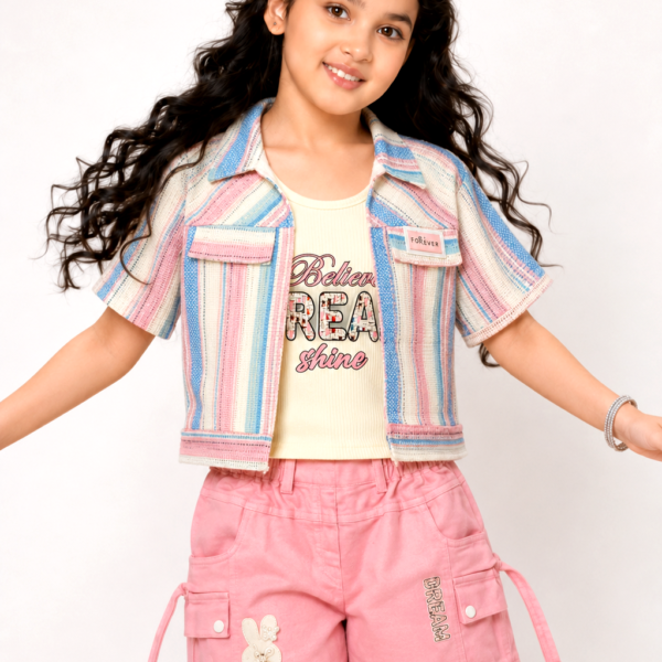 Girl wearing pastel striped shirt, graphic T-shirt and pink shorts 3-piece cotton summer co-ord set for kids.